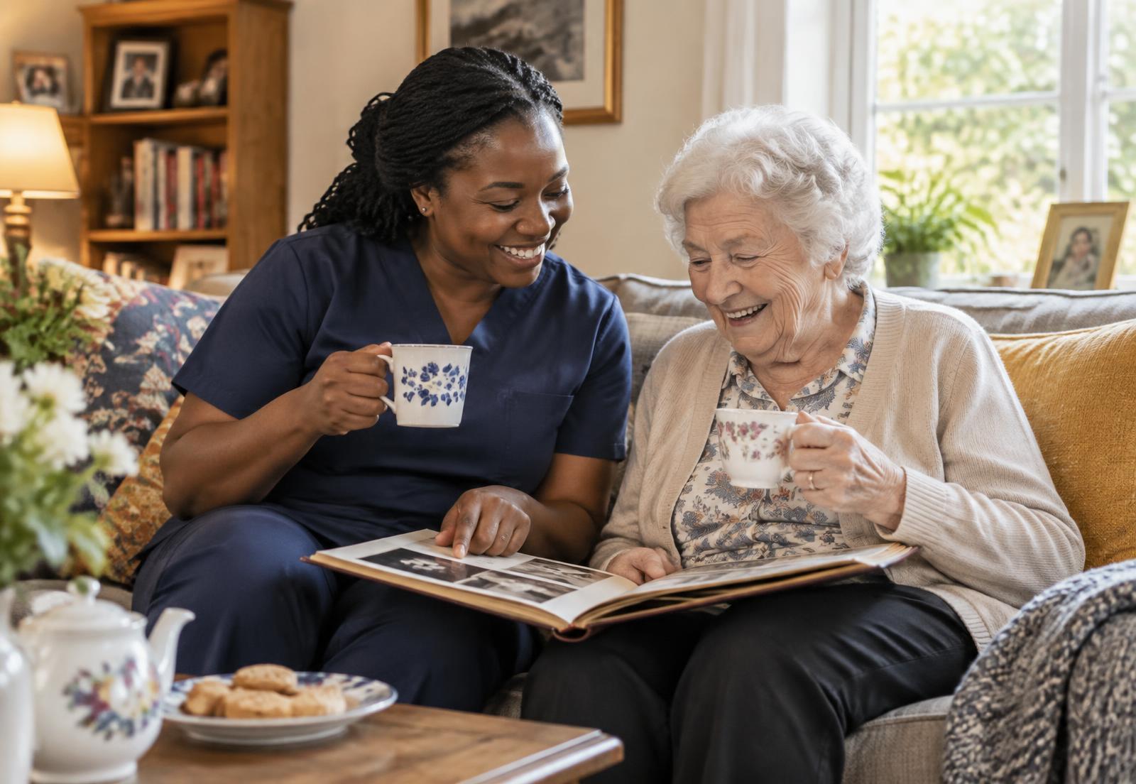 A caregiver and an older woman sharing tea and looking through a photo album at home