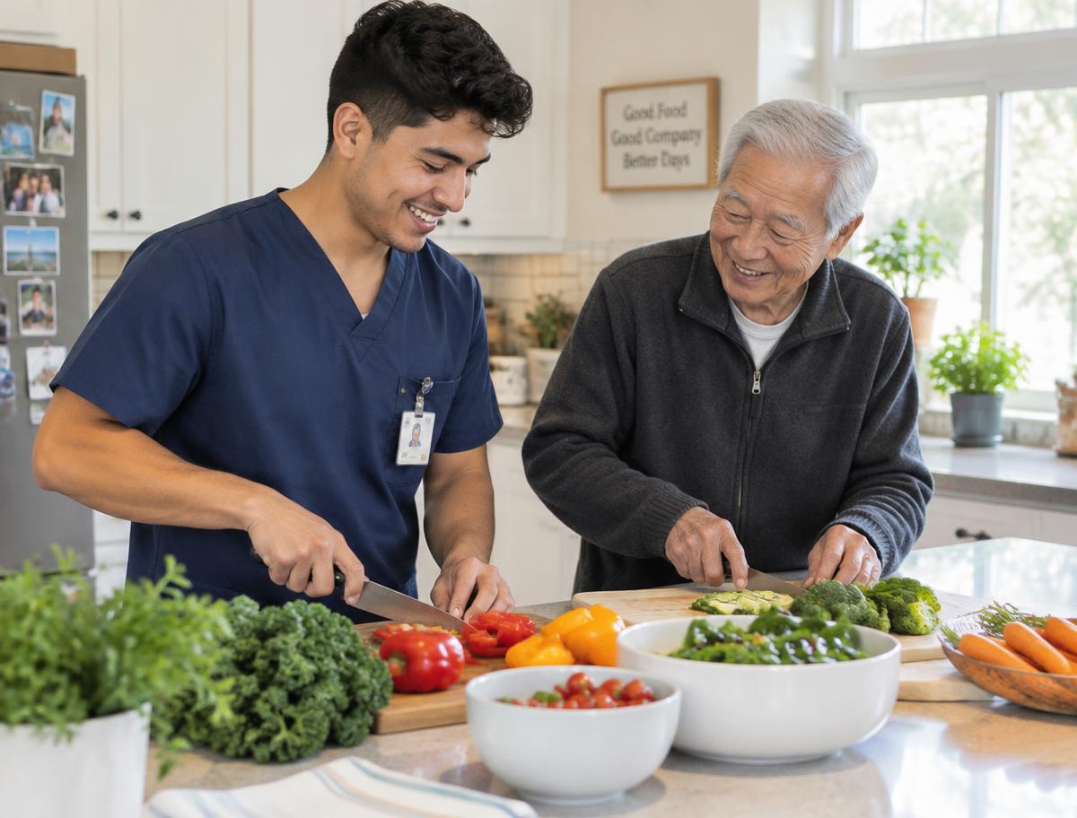 A caregiver and an older man preparing a healthy meal together in a bright kitchen