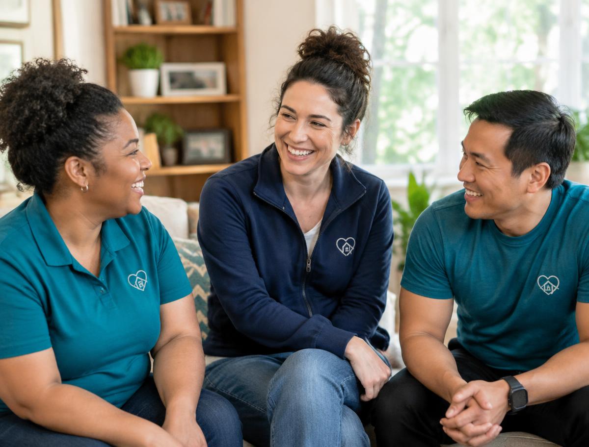 Three smiling caregivers chatting together