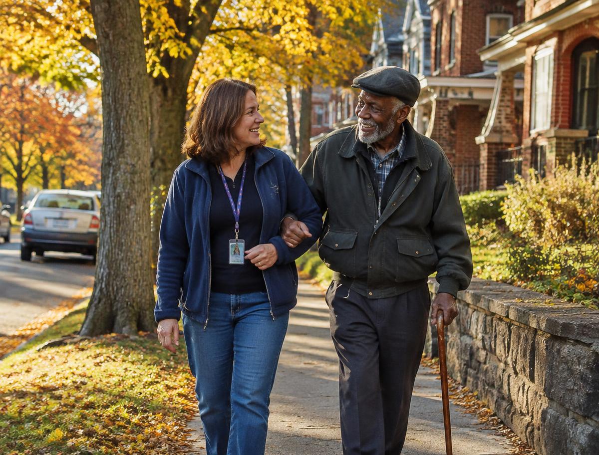 A caregiver walking arm in arm with an older man on a leafy Pittsburgh street